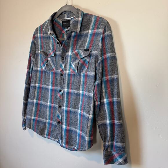 O'Neill Men's M Plaid Flannel Button Up Shirt Gray Blue Red Surf Skate Gorpcore - Picture 5 of 11